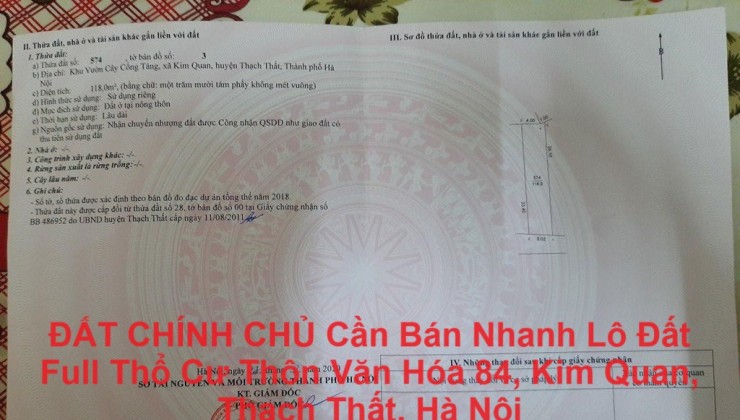 ĐẤT CHÍNH CHỦ Cần Bán Nhanh Lô Đất Full Thổ Cư Thôn Văn Hóa 84, Kim Quan, Thạch Thất, Hà Nội